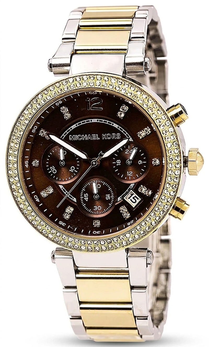Michael Kors Parker Chronograph Brown Dial Two Tone Steel Strap Women's Watch MK6118