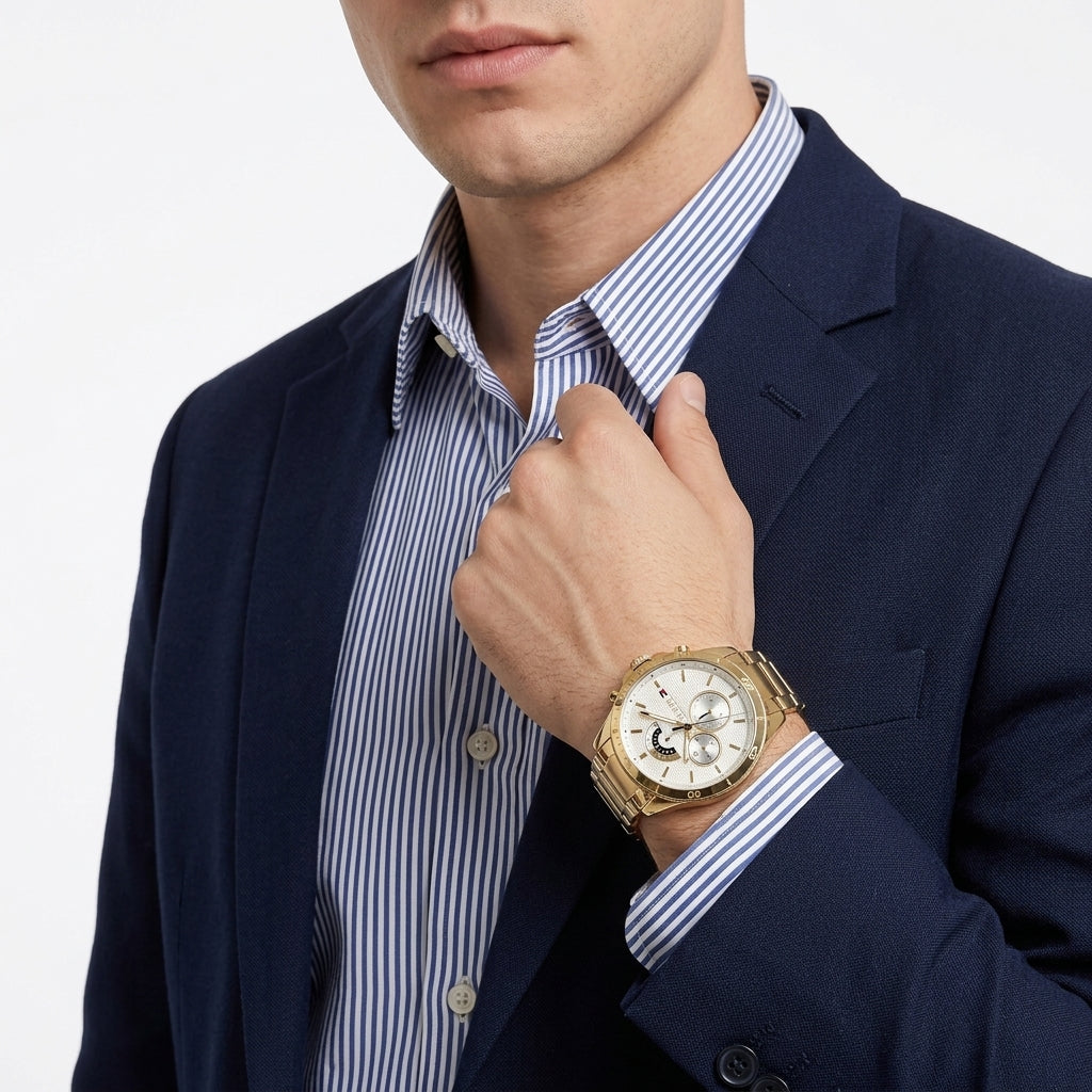 A man in a navy blazer and blue-and-white striped dress shirt wearing a gold-tone wristwatch with a white dial, shown in a close-up studio shot.