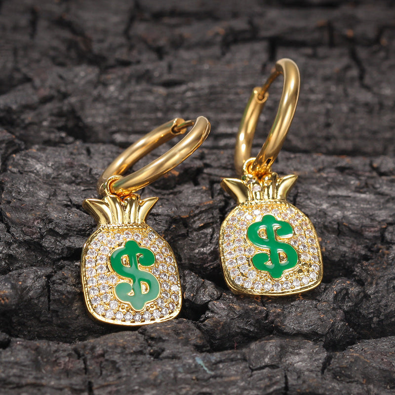 Big Daddy Hip Hop Dollar Bag Earring Iced Out