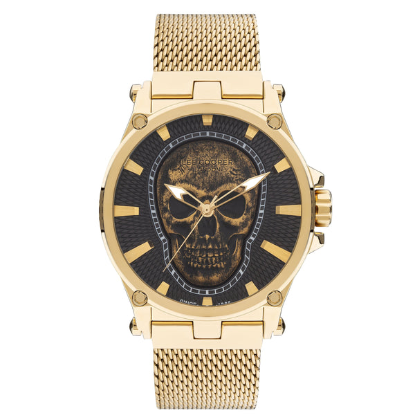 Lee Cooper Men's Gold Analog Skull Dial Mesh Strap Watch – LC07587.150