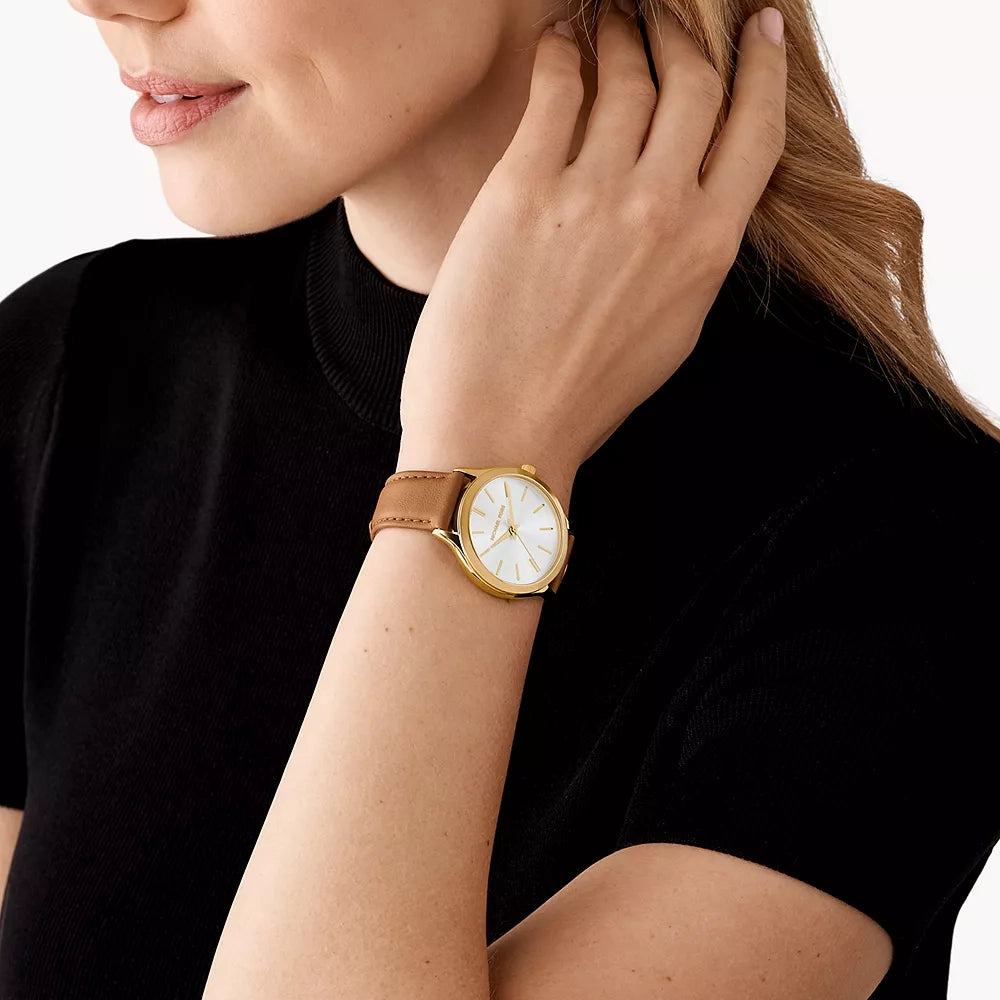 Michael Kors Slim Runway White Dial Brown Leather Strap Women's Watch - MK7465