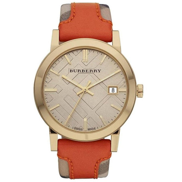 Burberry Women's Swiss Haymarket Check Fabric and Smooth Orange Leather Strap Women's Watch  BU9016 - Big Daddy Jewelry