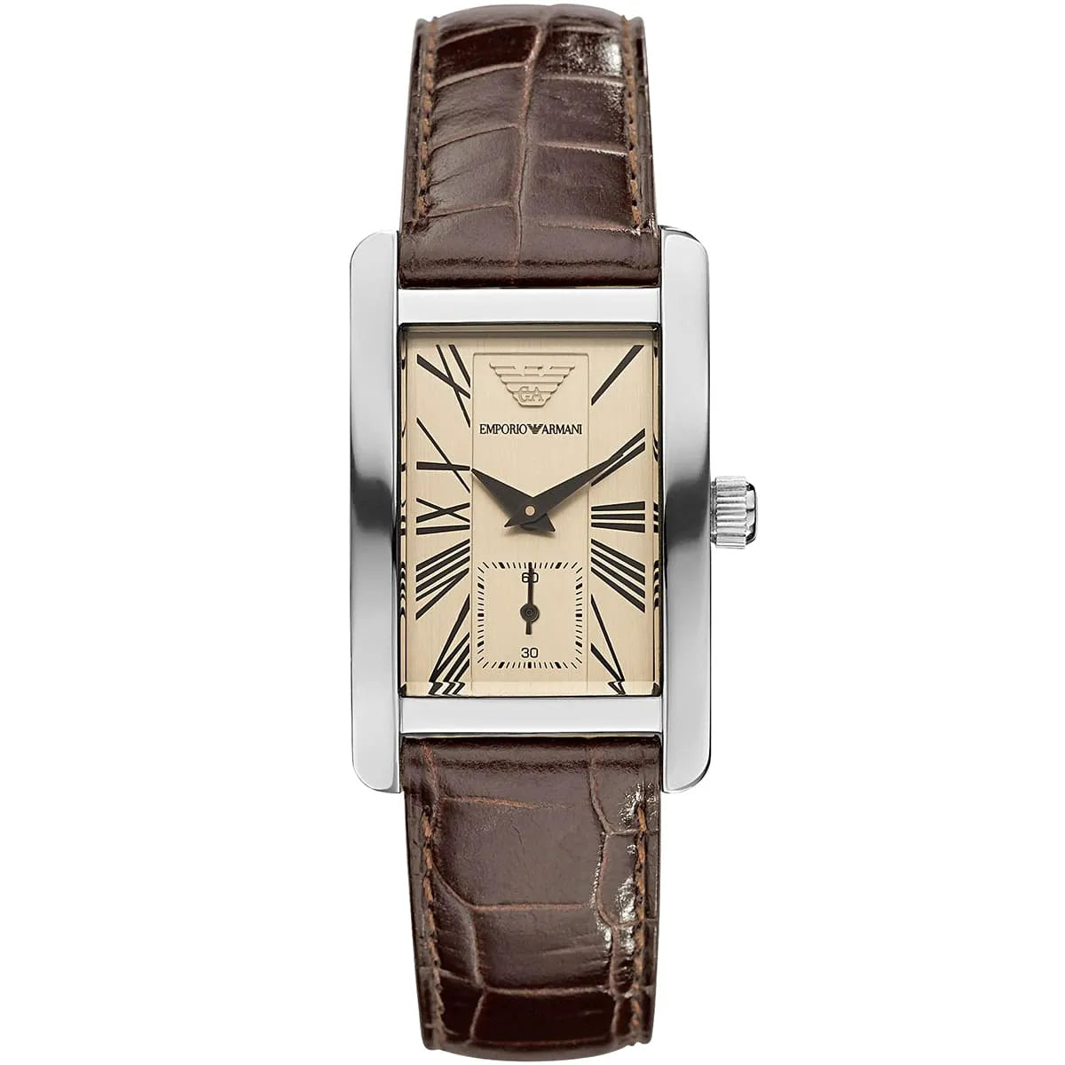 Emporio Armani Gianni AR0155 women's watch with rectangular stainless steel case, beige dial with Roman numerals, and dark brown leather strap