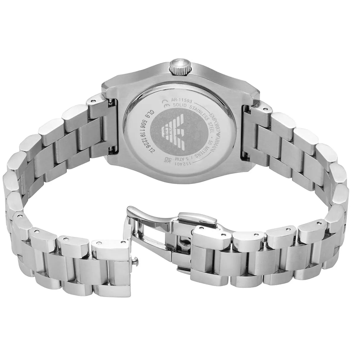 Caseback view of Emporio Armani Federica showing stainless steel bracelet and movement details