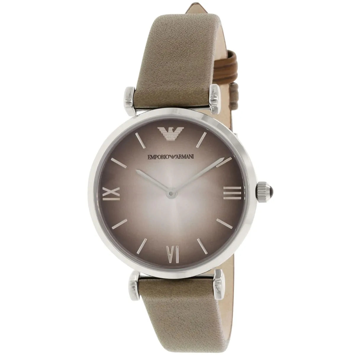Emporio Armani Gianni T-Bar watch at angle showing beige leather strap and dial