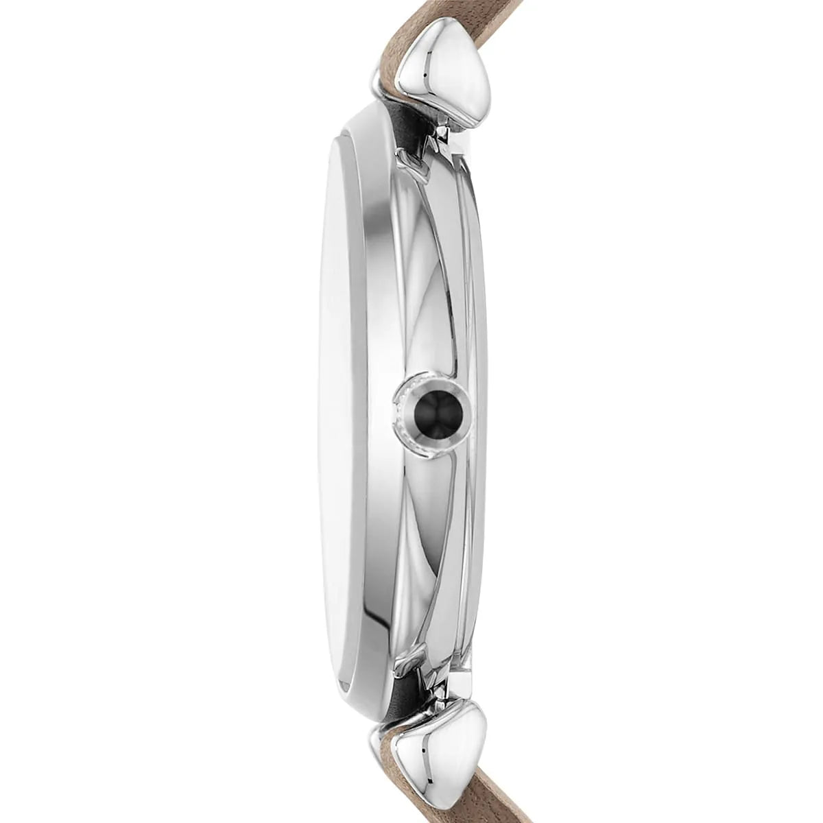 Side profile of Emporio Armani Gianni T-Bar watch showing case thickness and crown
