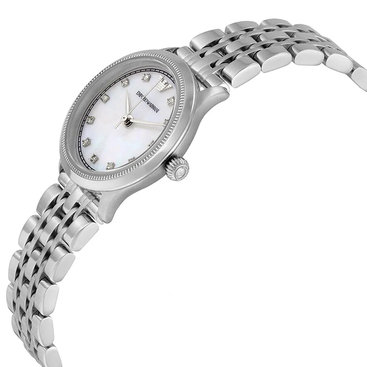 Emporio Armani Alpha X-Small watch at angle showing silver case, dial, and mesh bracelet