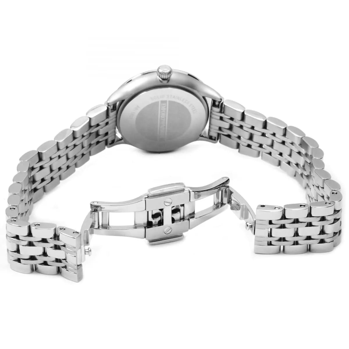Emporio Armani Alpha watch caseback showing stainless steel case with closure mechanism
