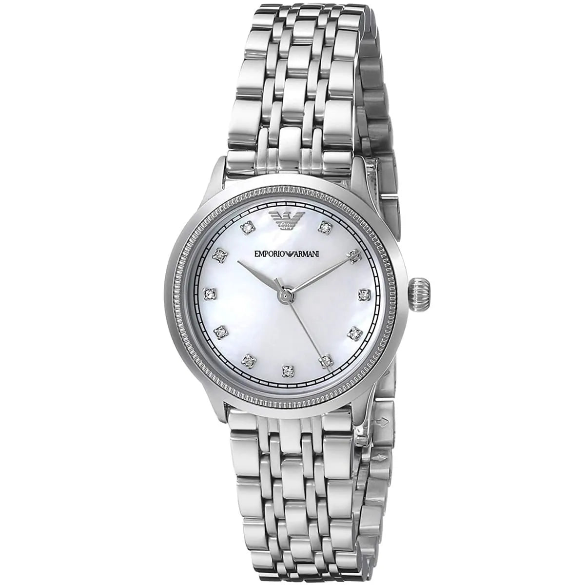 Emporio Armani Alpha women's watch front view with crystal index markers and stainless steel bracelet