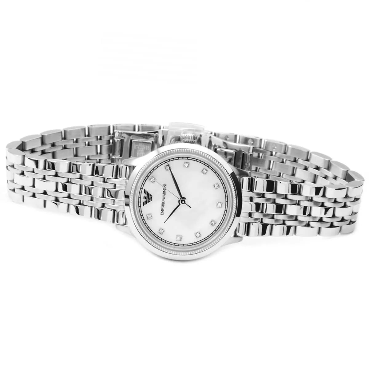 Emporio Armani Alpha X-Small watch worn on wrist showing mother-of-pearl dial and silver bracelet