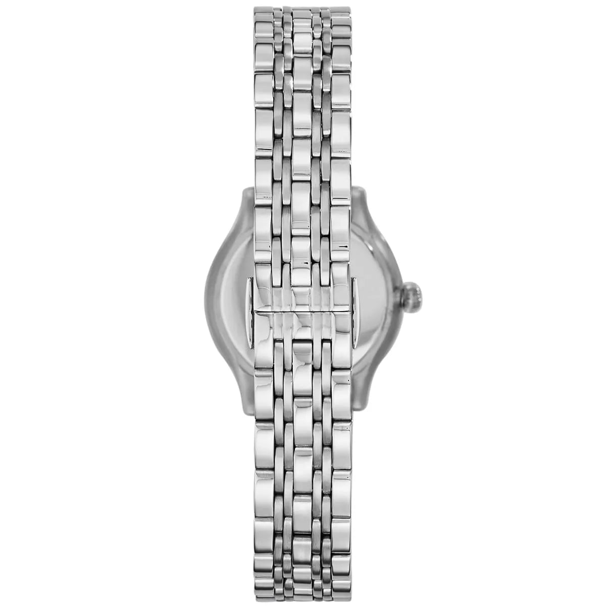 Emporio Armani Alpha watch side profile view showing case depth and stainless steel bracelet