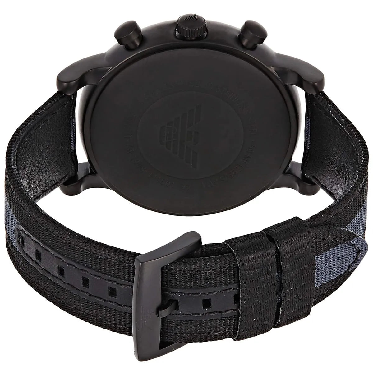 AR1948 Emporio Armani caseback showing Emporio Armani eagle logo on matte black case