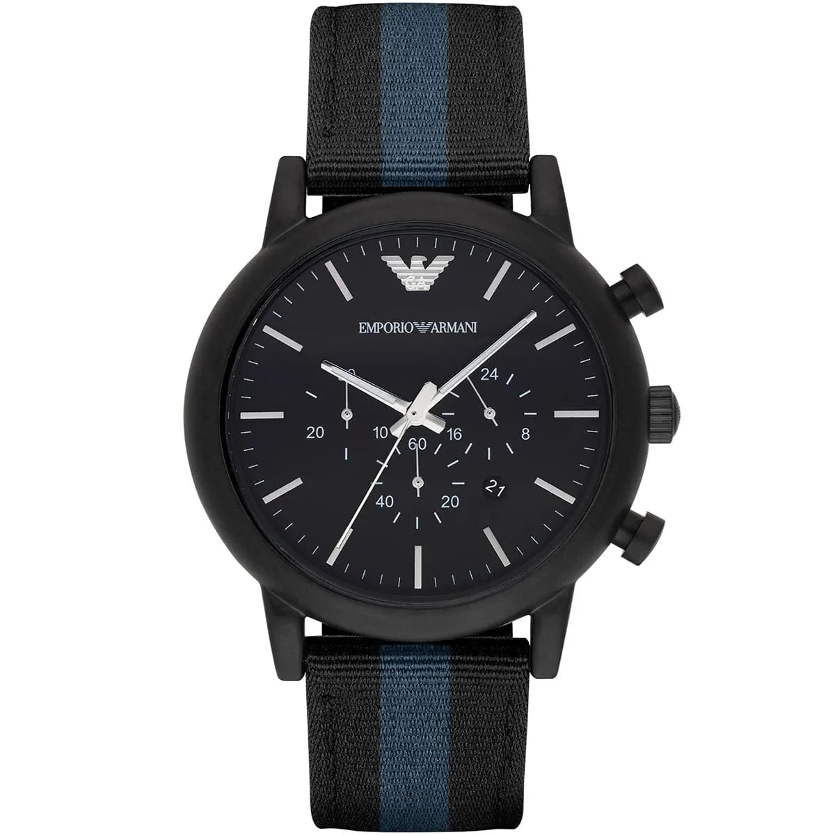 Emporio Armani Luigi chronograph watch with matte black dial and striped nylon-leather strap