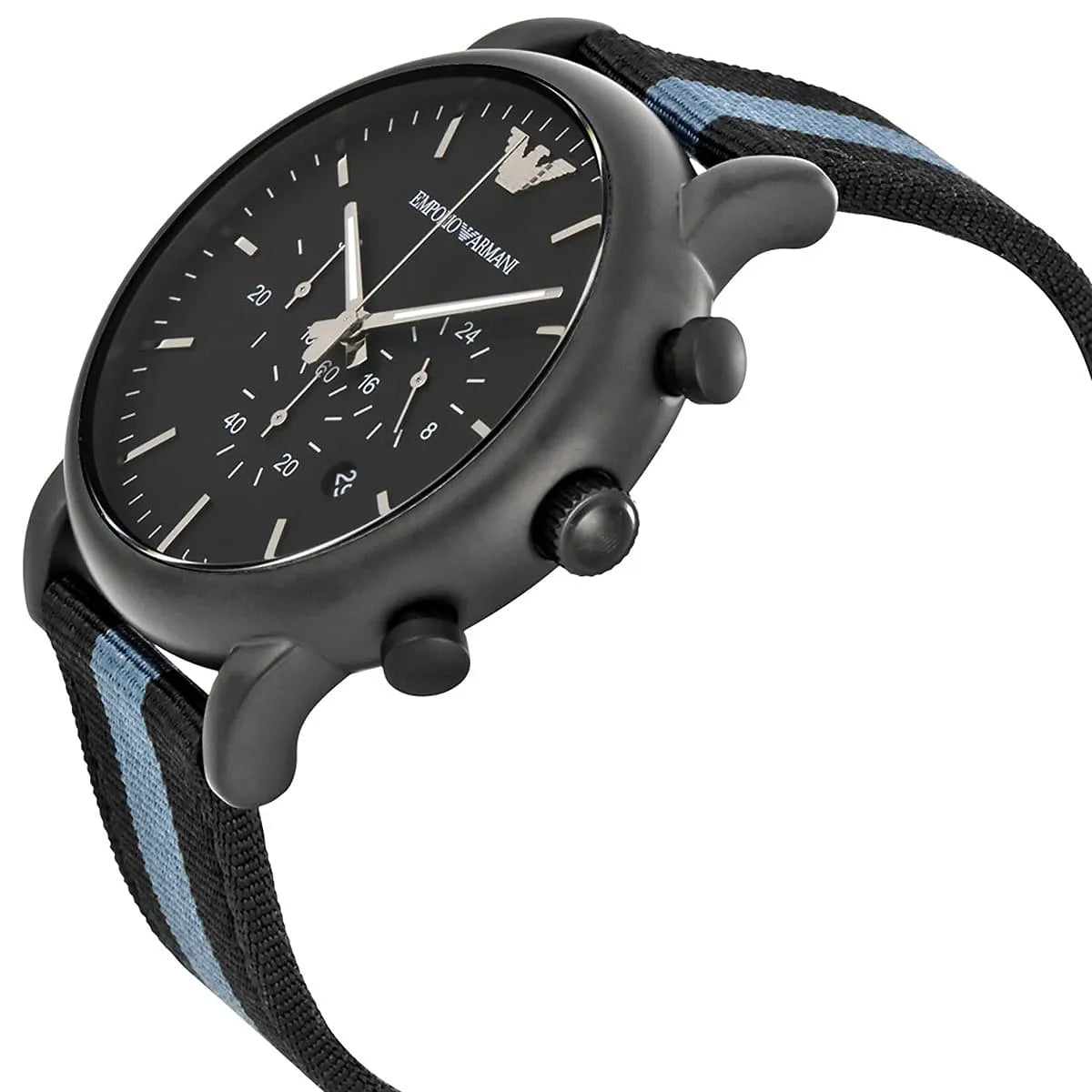 AR1948 Emporio Armani Luigi chronograph side profile showing matte black case and pushers