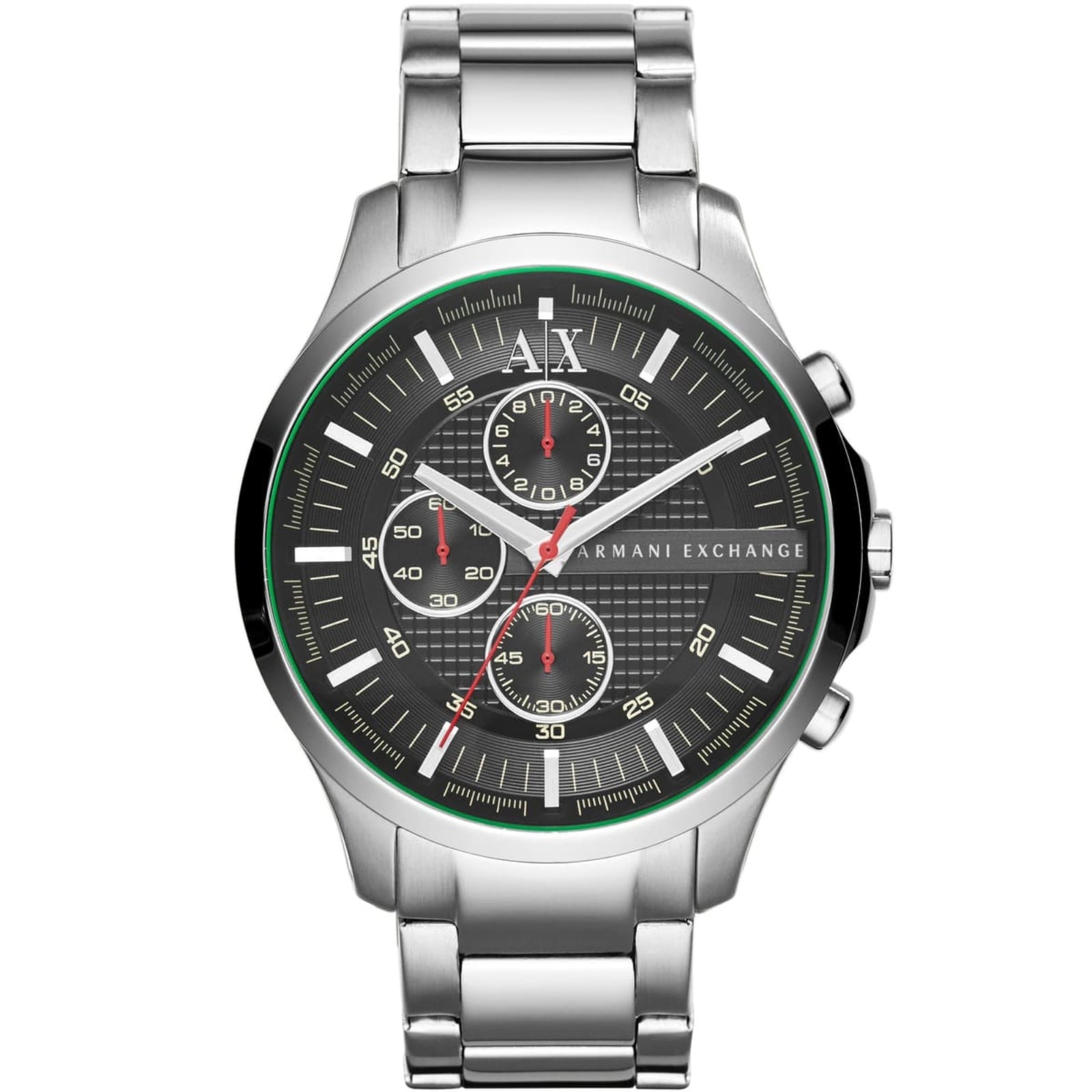 Armani Exchange Hampton chronograph watch with black dial and silver stainless steel bracelet