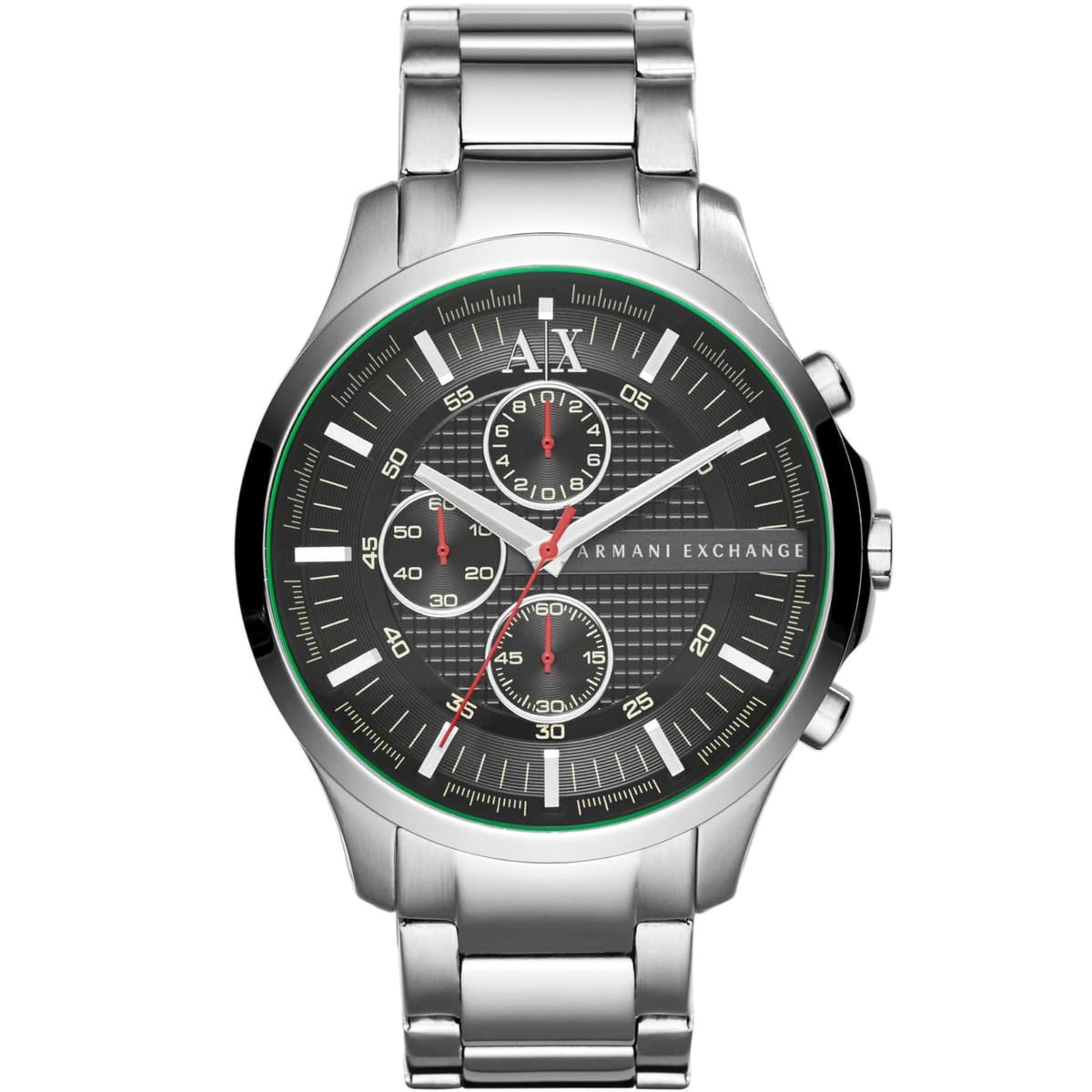 Armani Exchange Hampton chronograph watch with black dial and silver stainless steel bracelet