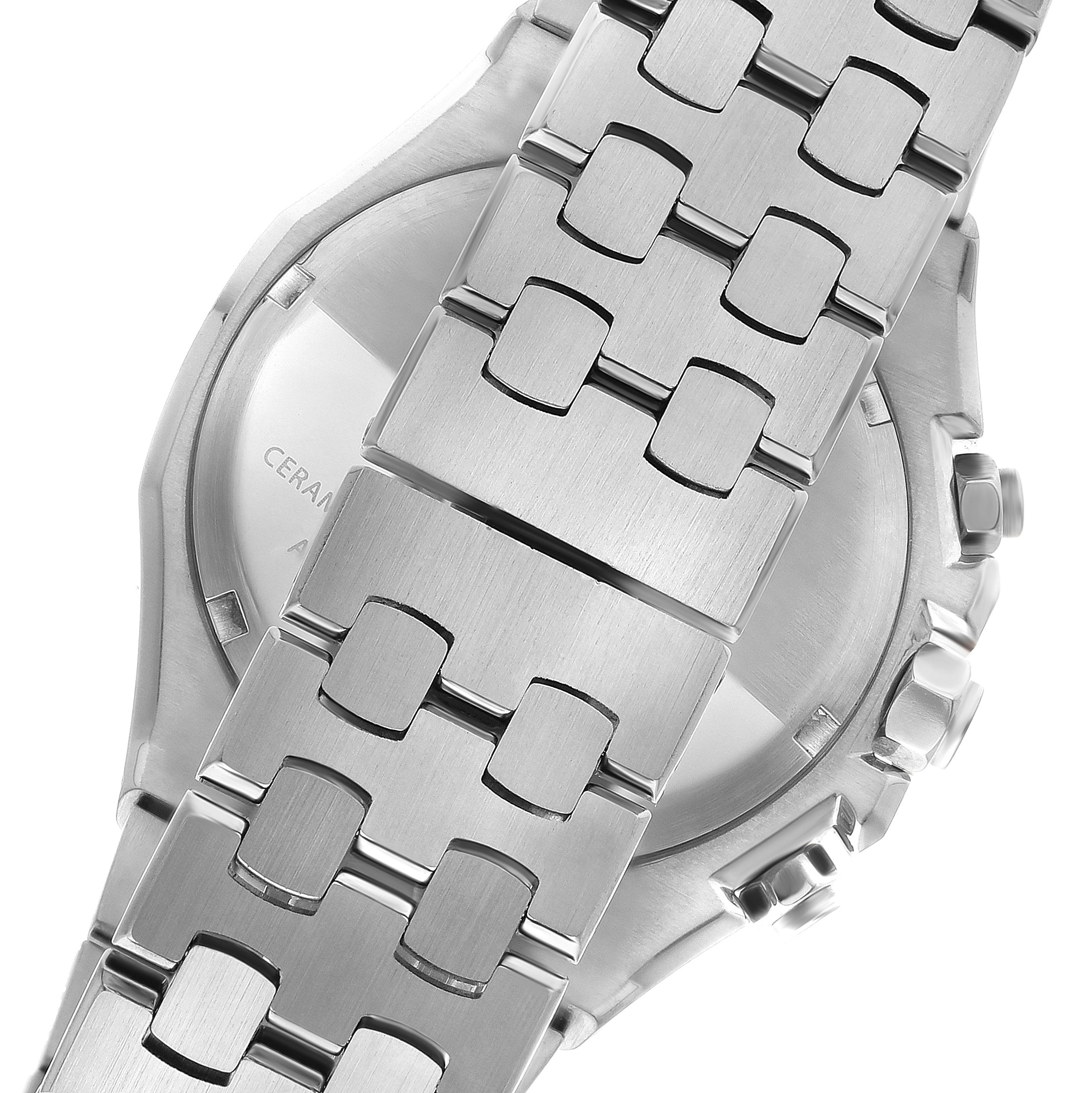 Watch case and silver metal bracelet at angled view