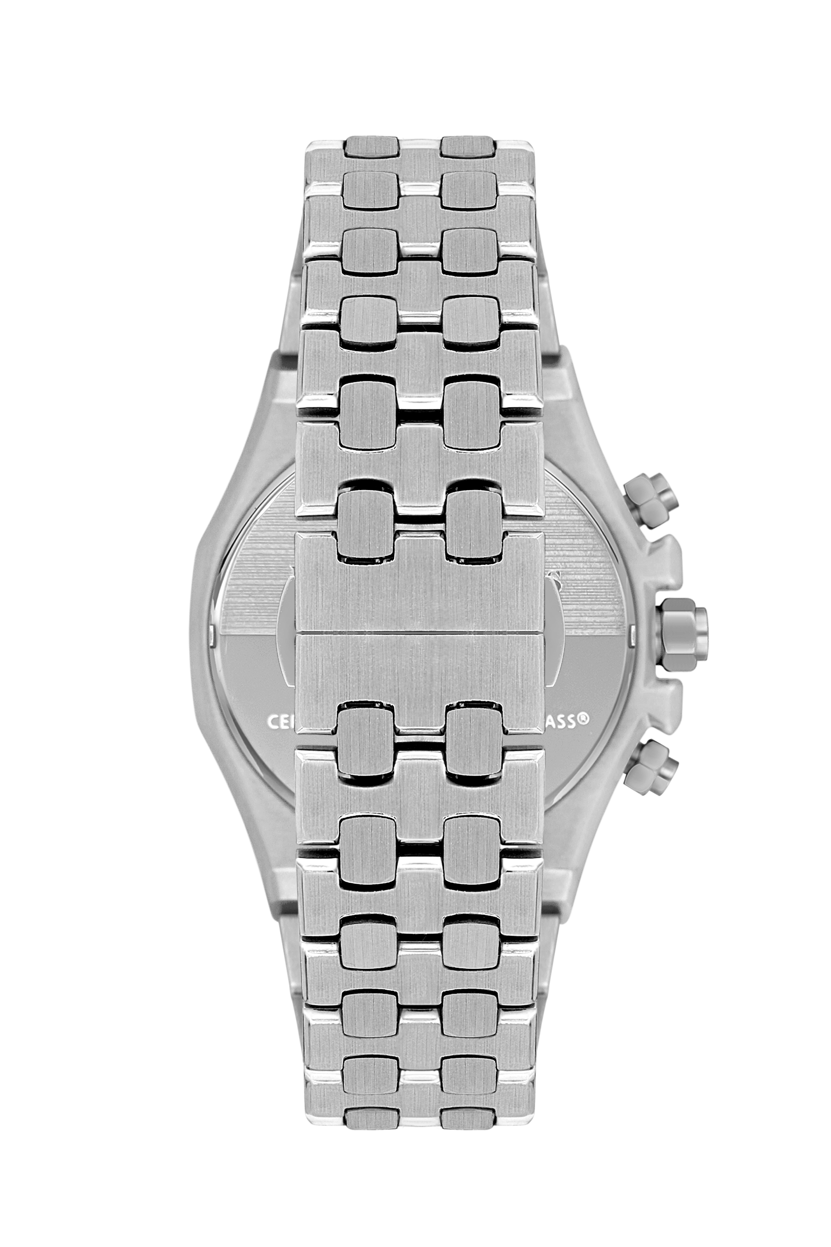 Watch case back showing text and crown detail