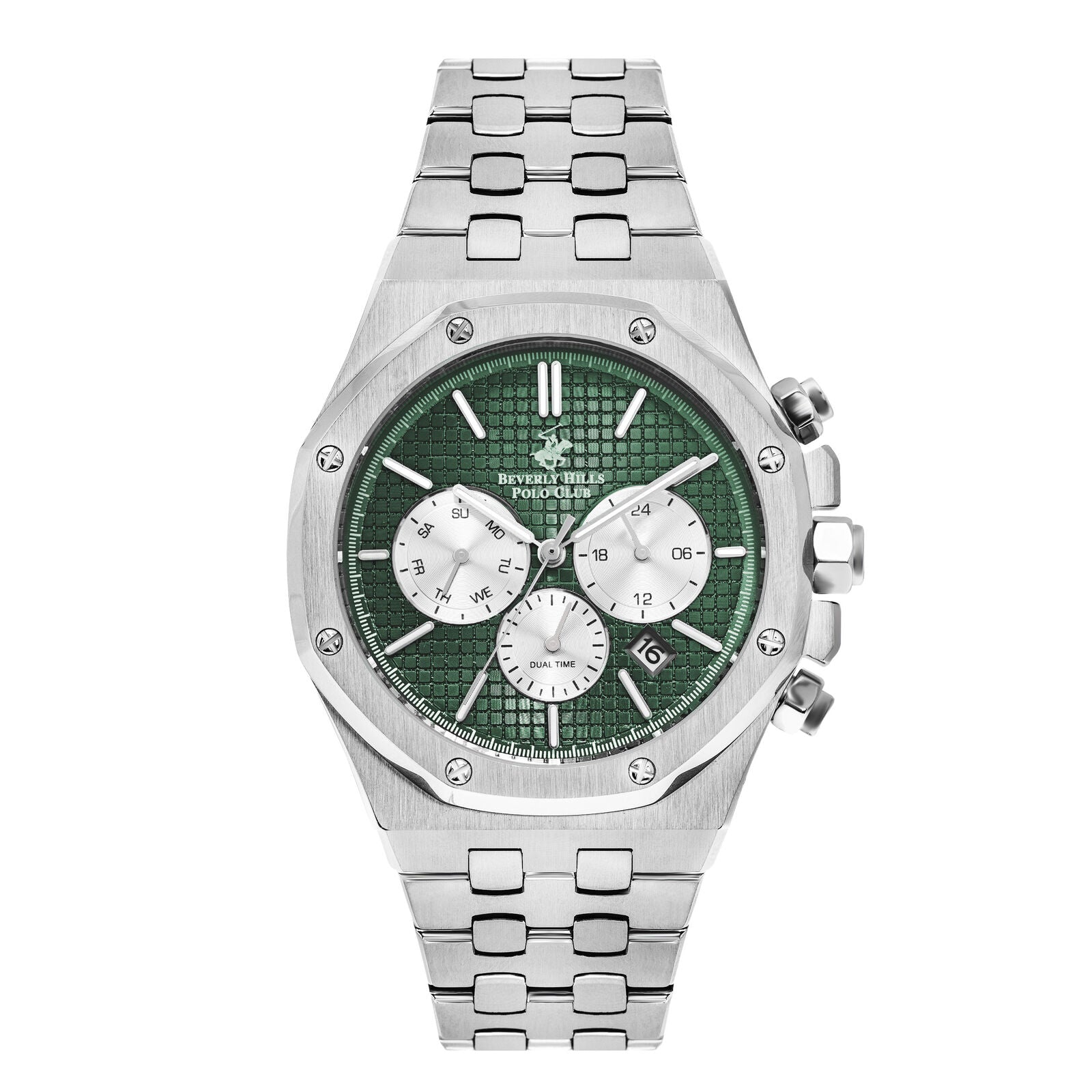 Beverly Hills Polo Club silver watch with green dial and three white subdials, multifunction chronograph face