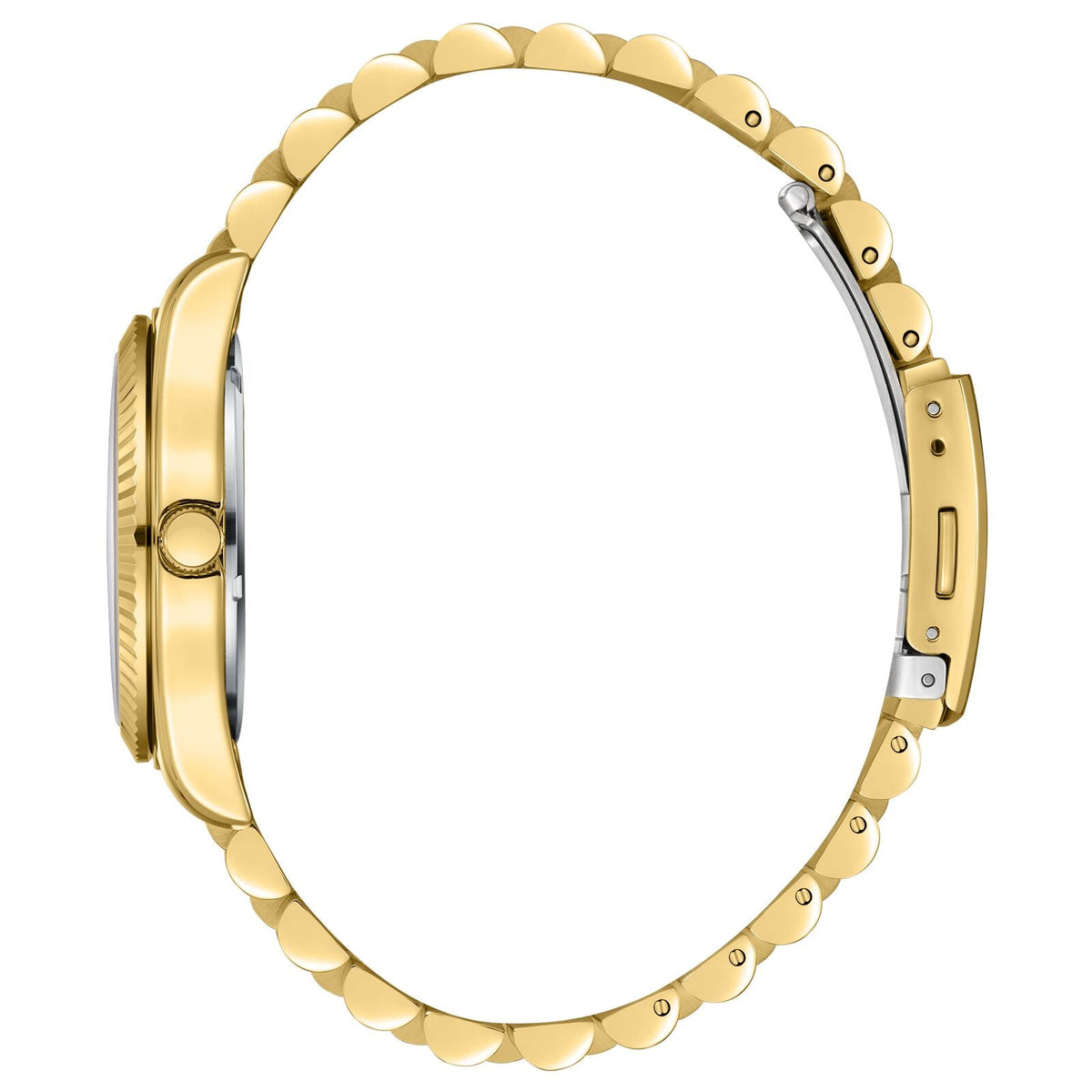 Side view of gold watch showing fluted bezel, case profile, and segmented bracelet