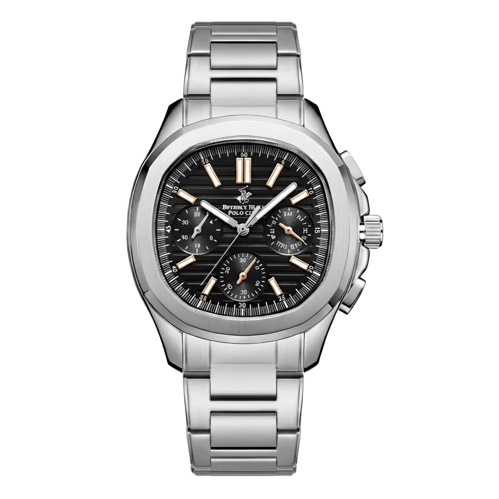 Beverly Hills Polo Club silver multifunction watch with black dial and chronograph subdials