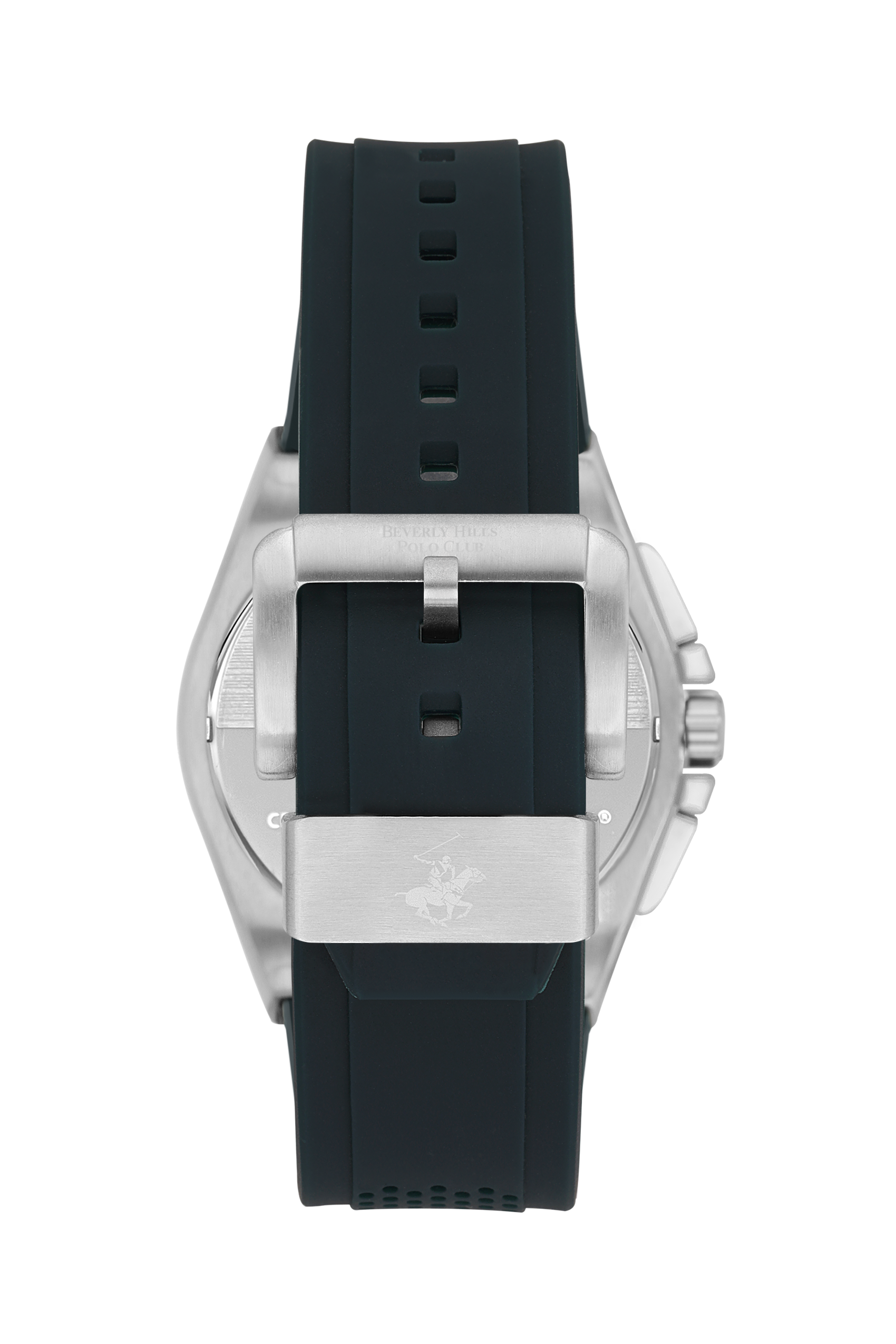 Caseback view of Beverly Hills Polo Club watch with black rubber strap