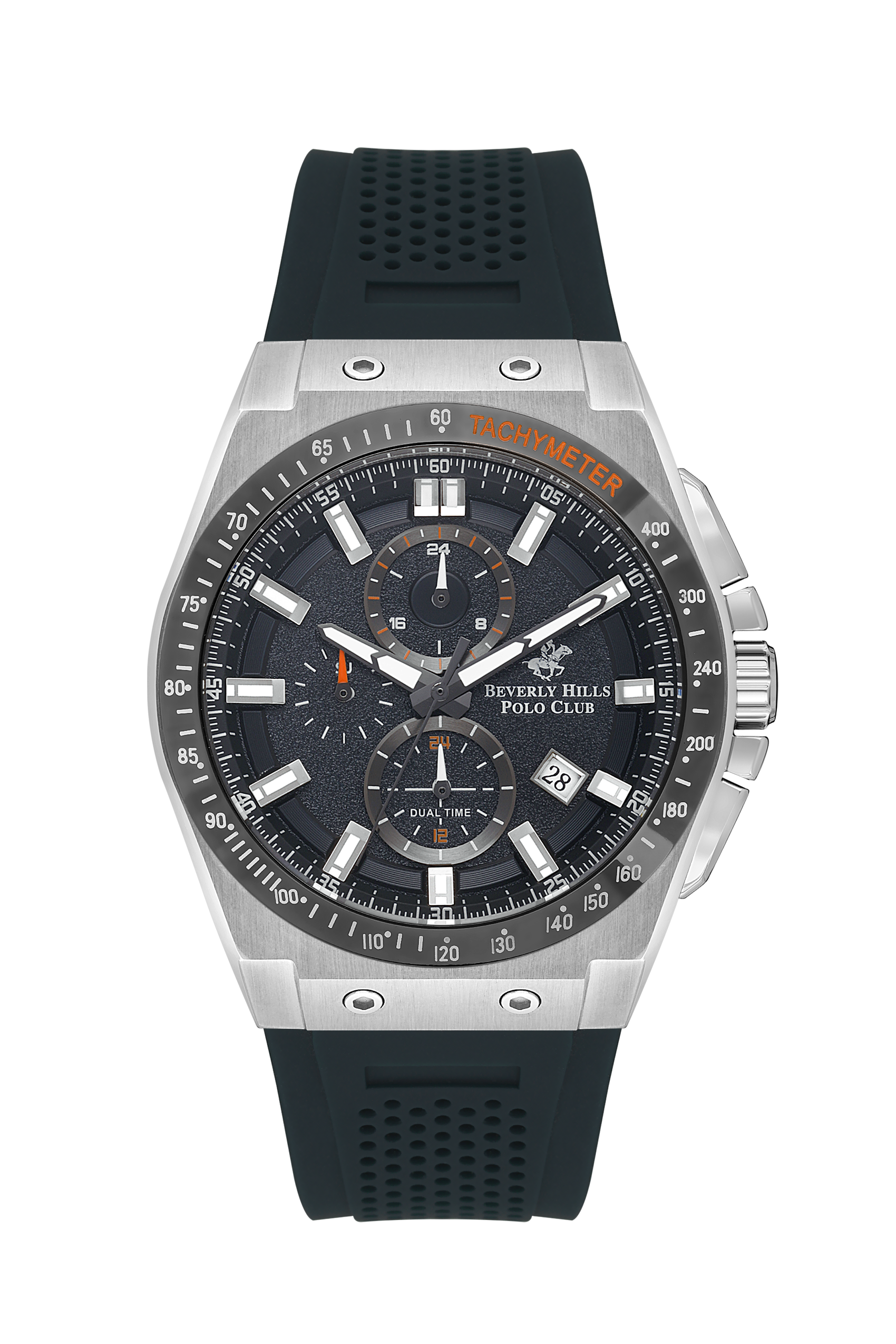 Beverly Hills Polo Club sporty multifunction watch with black dial, steel case and black rubber strap