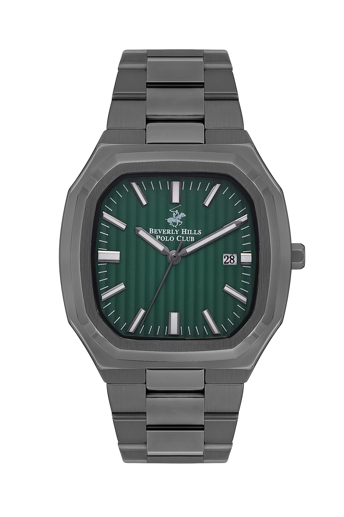 Beverly Hills Polo Club black stainless steel watch with green dial, white hour markers, and date window