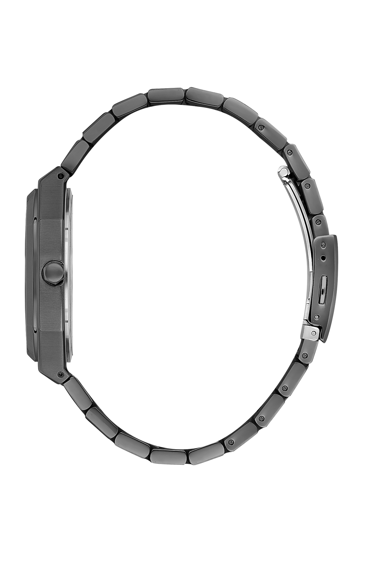 Side view of black stainless steel three-link bracelet with secure clasp