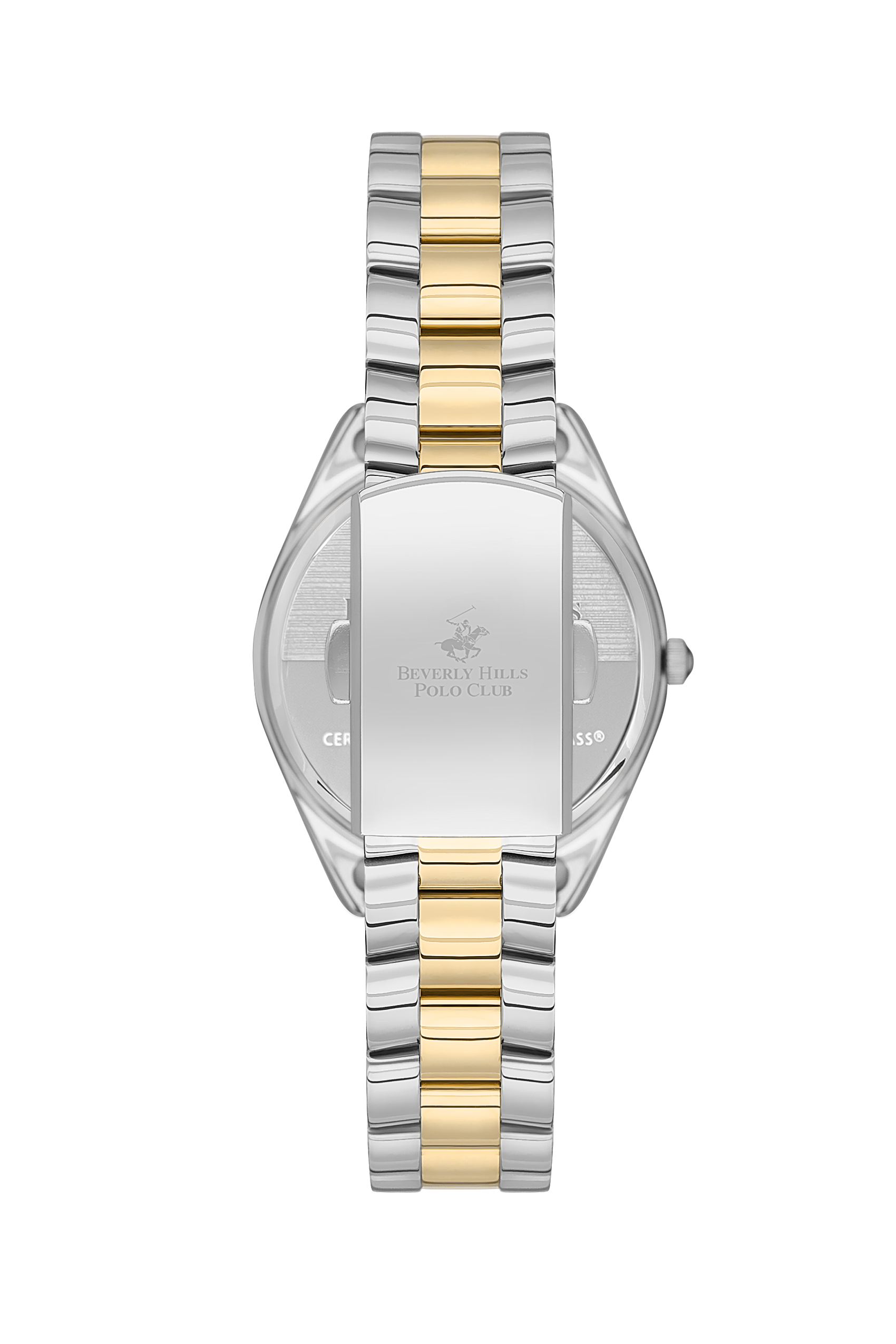 Back view of Beverly Hills Polo Club watch showing engraved caseback and two-tone bracelet