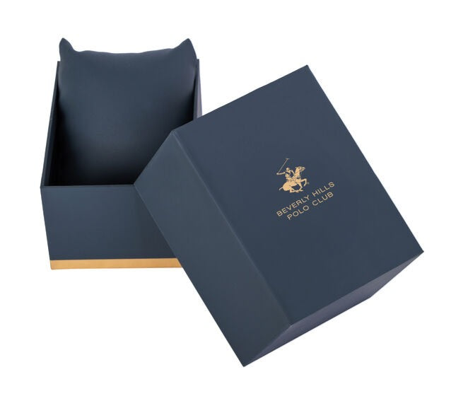 Beverly Hills Polo Club watch packaging with navy blue box and gold accents