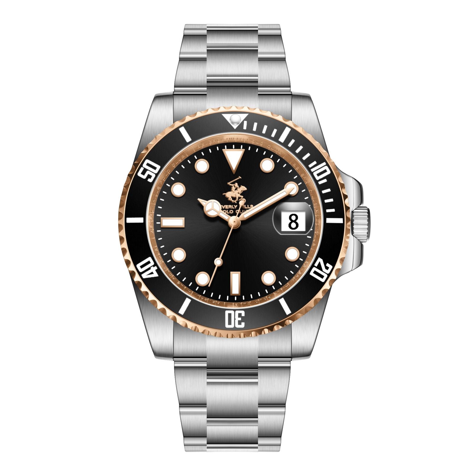 Beverly Hills Polo Club watch with black dial, rose gold bezel, and silver stainless steel bracelet