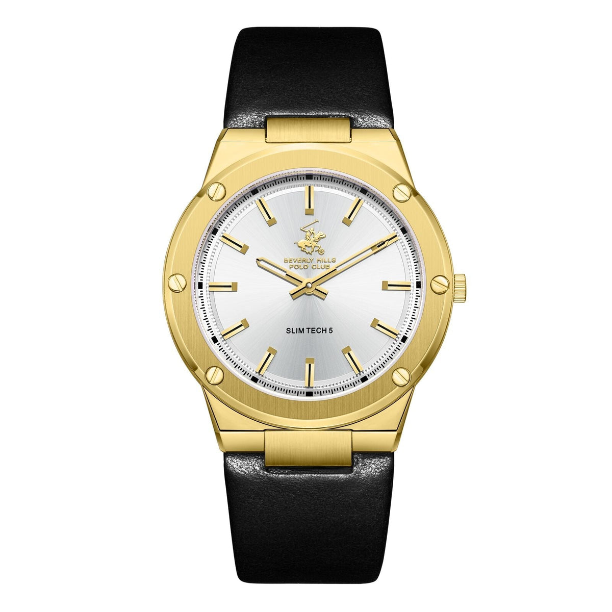 Beverly Hills Polo Club Slim Tech 5 gold watch with white dial and gold indices on black leather strap