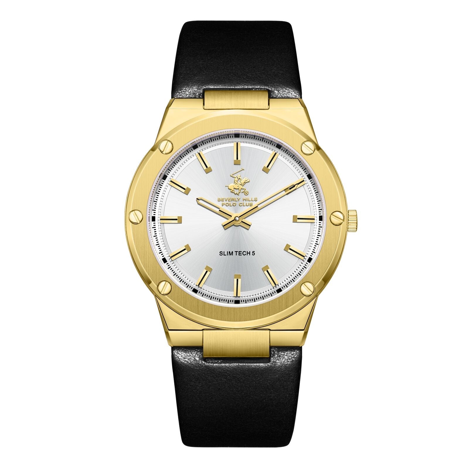 Beverly Hills Polo Club Slim Tech 5 Black Leather Gold Watch BP3817X.131