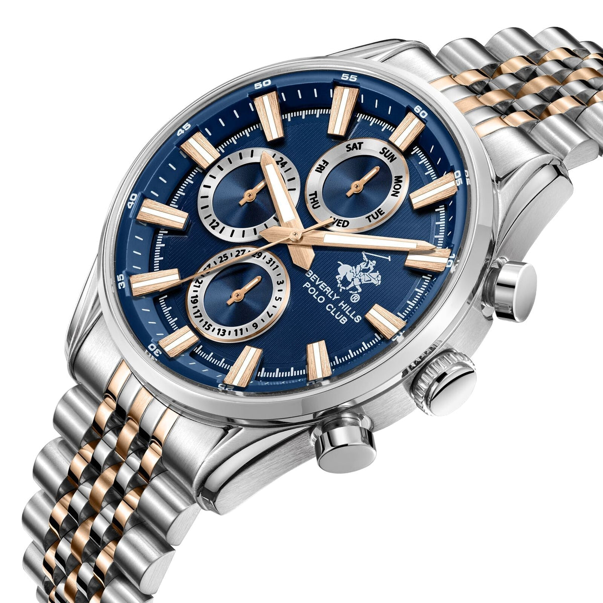 Beverly Hills Polo Club BP3823X.590 chronograph watch with two-tone bracelet and blue dial at angle