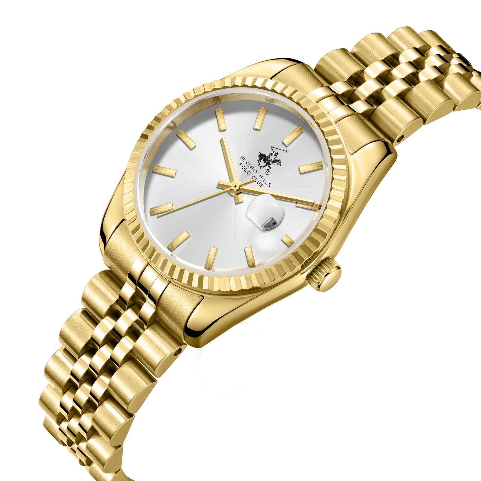 Beverly Hills Polo Club BP3827X gold watch at angle showing dial and gold bracelet strap