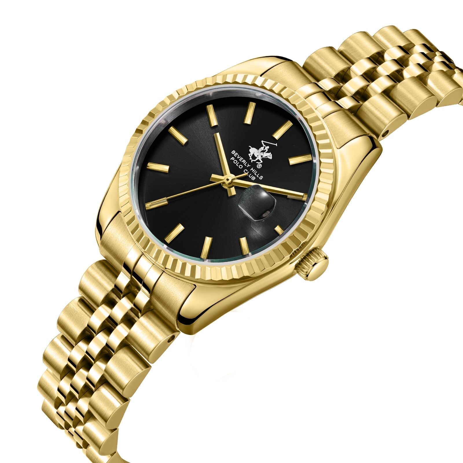 Beverly Hills Polo Club BP3827X gold watch angle view showing bracelet and dial