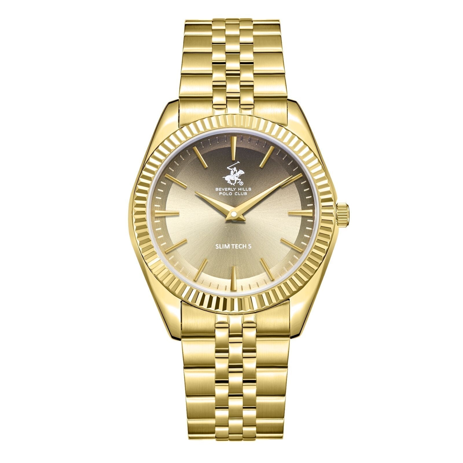 Beverly Hills Polo Club Slim Tech 5 all gold watch front view with sunburst dial