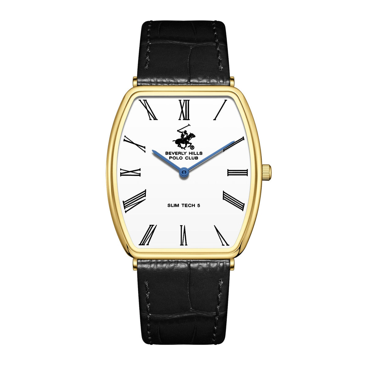 Beverly Hills Polo Club Slim Tech 5 gold tonneau watch with white dial and black leather strap