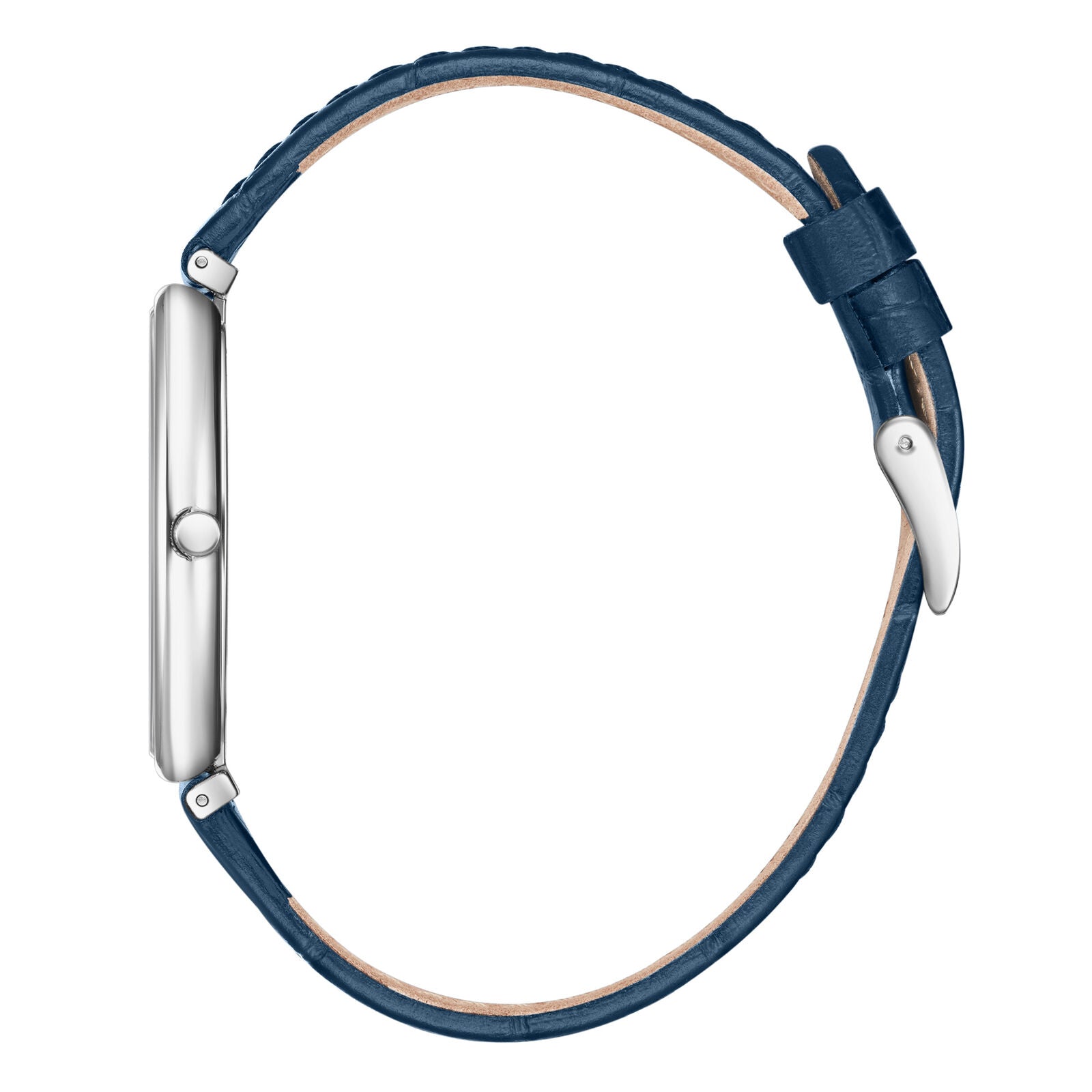 Side view of Slim Tech 5 showing silver tonneau case with blue crocodile-textured leather strap