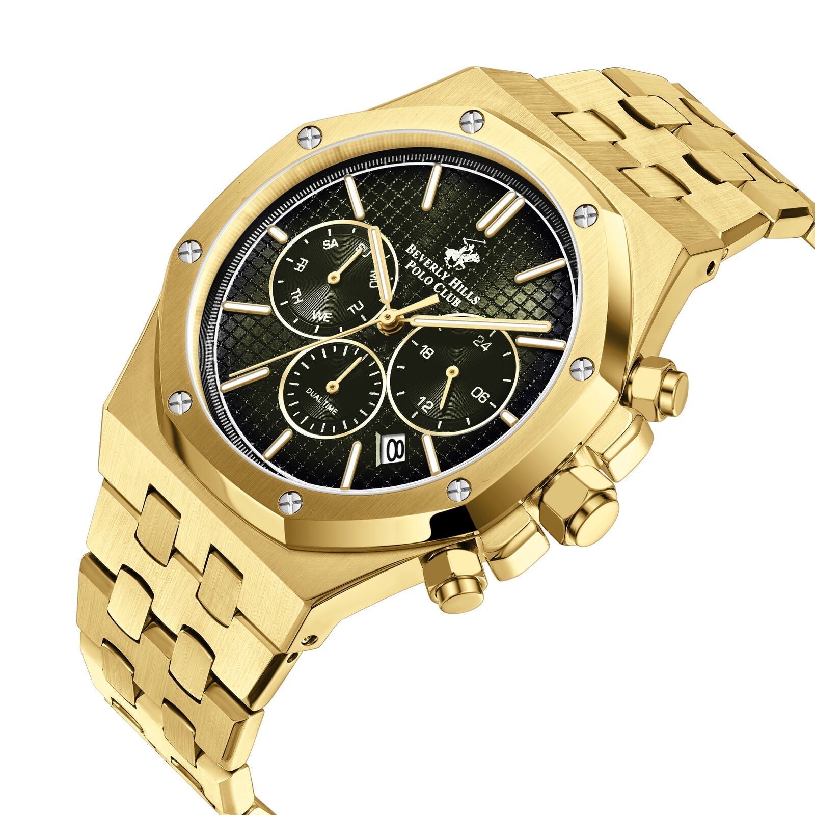 Gold multifunction watch at angle showing case, bezel with diamond markers, and bracelet detail