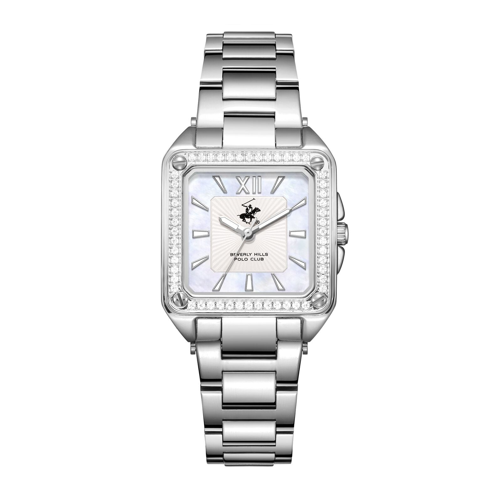Beverly Hills Polo Club silver square watch with diamond bezel and Roman numeral dial