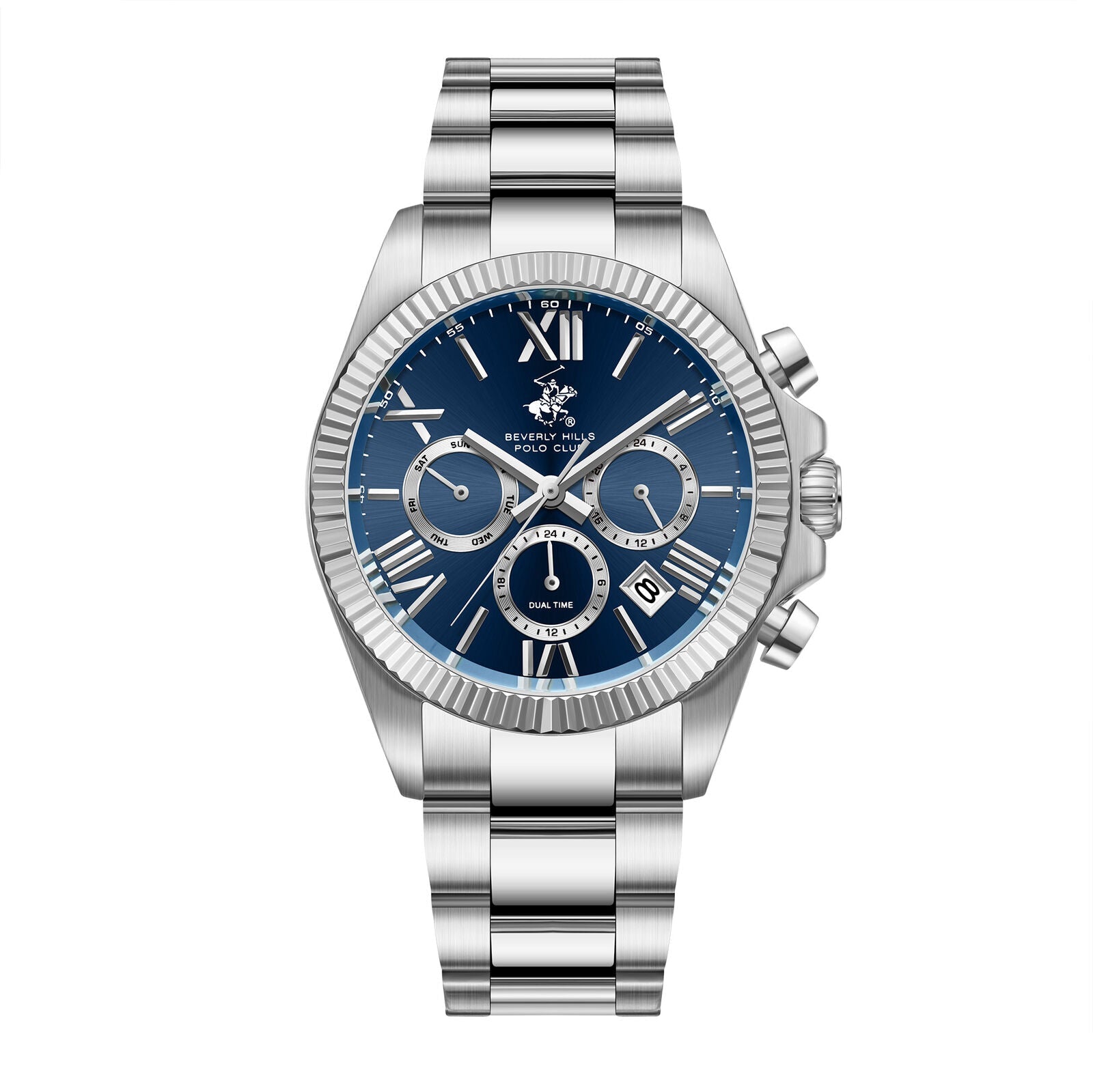 Beverly Hills Polo Club BP3874X.390 watch with blue dial, silver chronograph subdials, and silver stainless steel bracelet