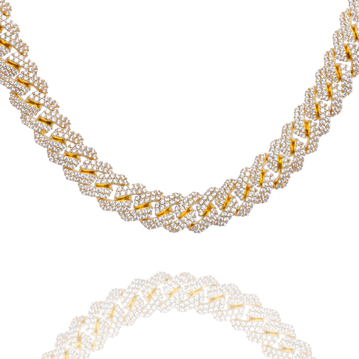 10MM straight edge Cuban diamond gold iced out chain displayed flat