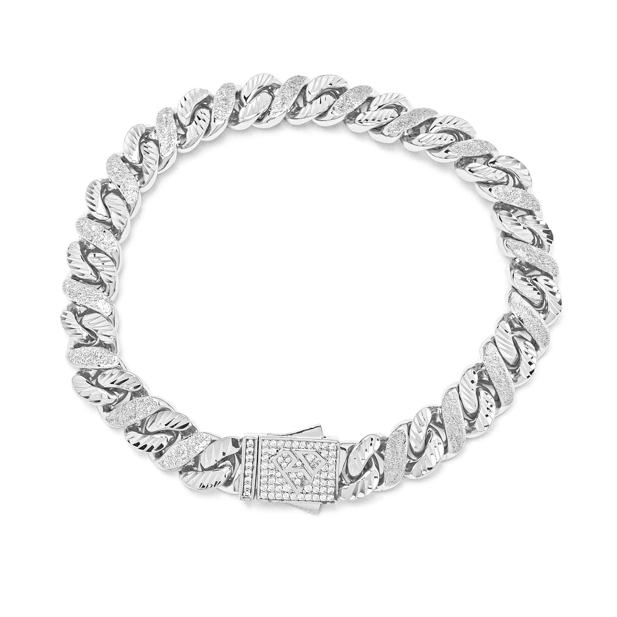Big Daddy 10mm sandblast curb chain bracelet with CZ-set steel clasp, full front view