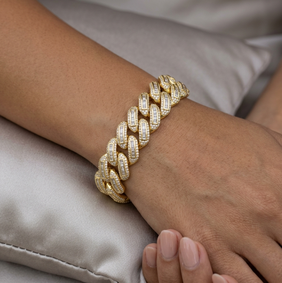 Big Daddy 12MM Baguette Miami Cuban Link Gold Iced Out Bracelet