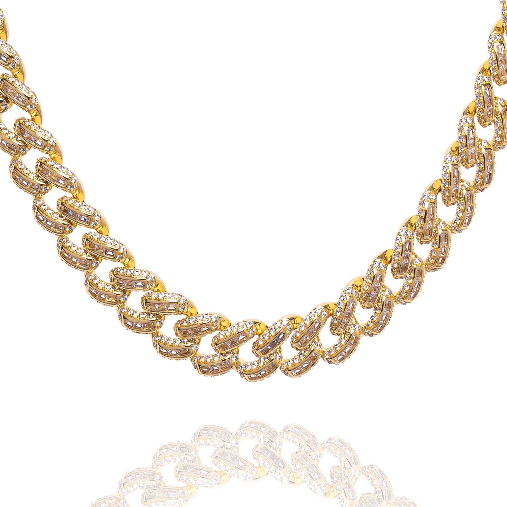 12MM baguette Miami Cuban link gold chain with iced out crystal detailing throughout