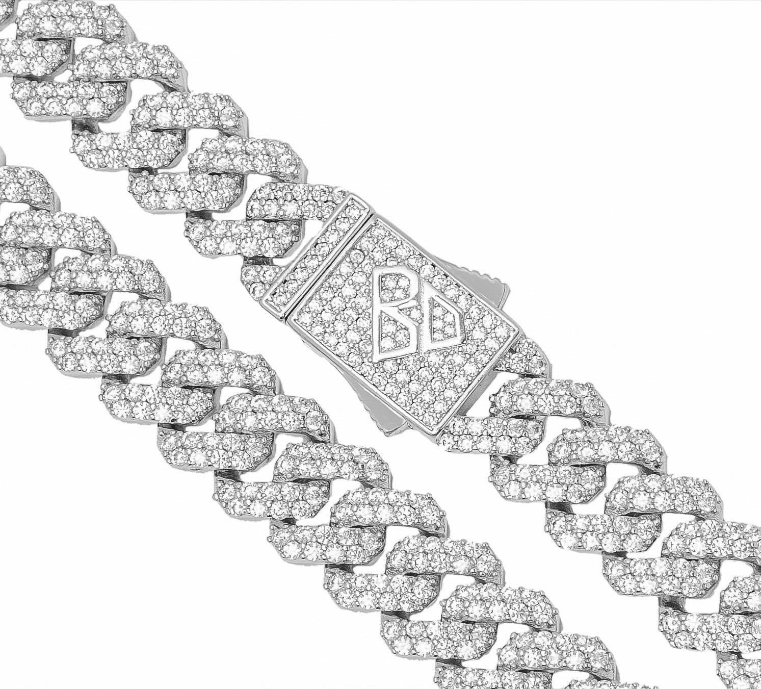 Detail view of Cuban chain links with diamond-iced links and clasp closure