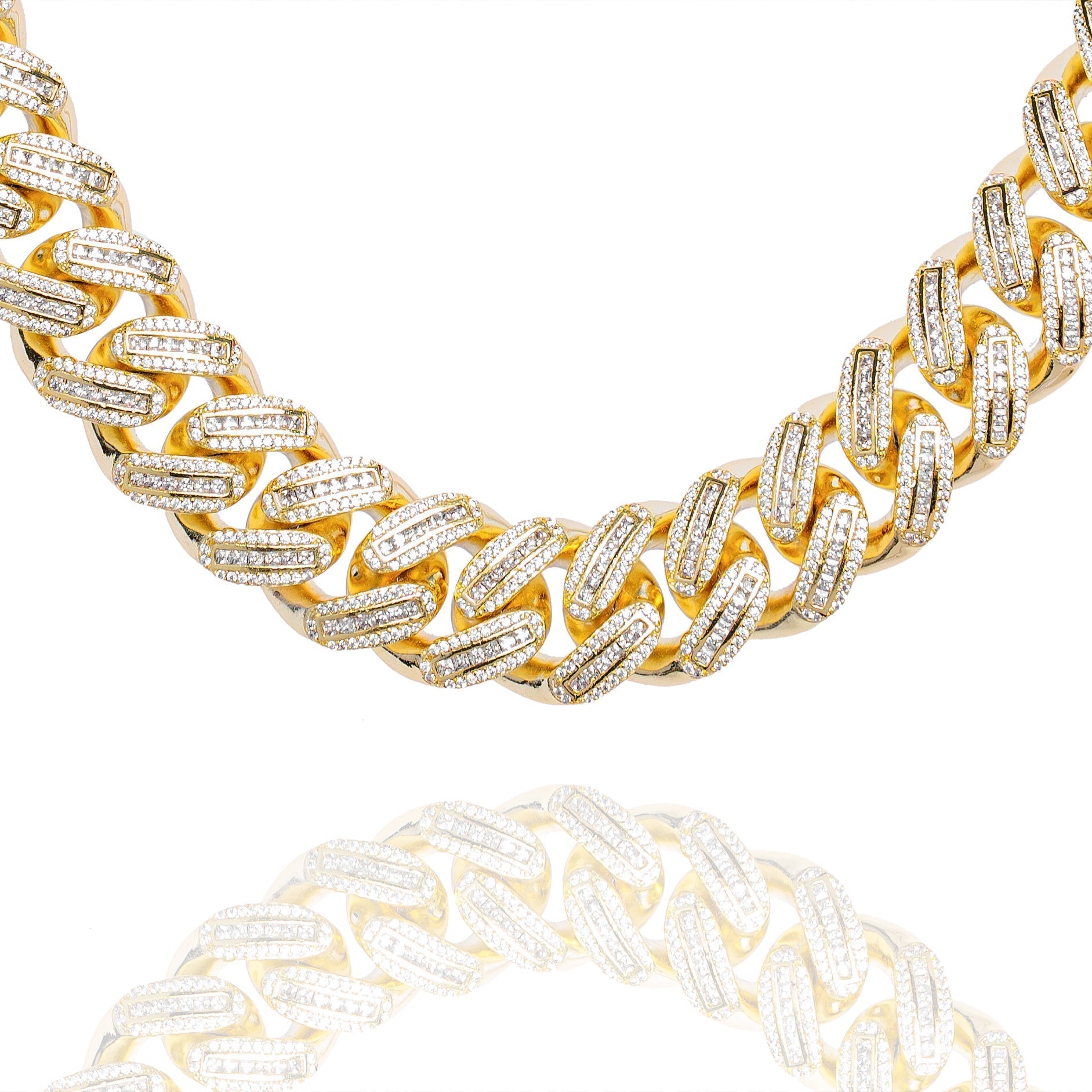18MM gold Cuban link chain with baguette diamond iced out design, full front view