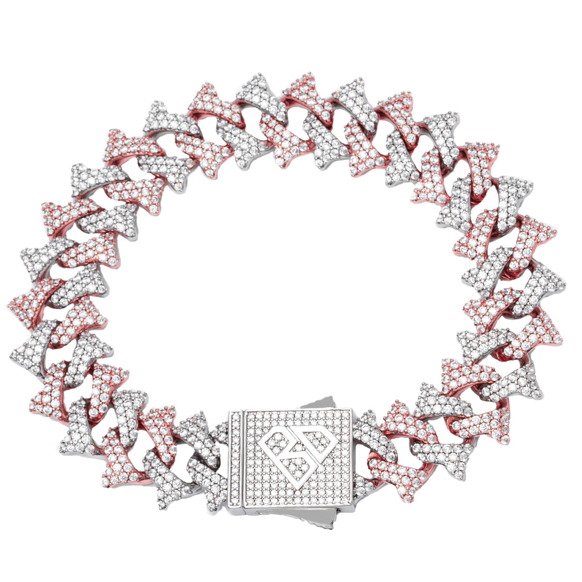Big Daddy 18MM two-tone spiked diamond bracelet with alternating pink and white stones and box clasp